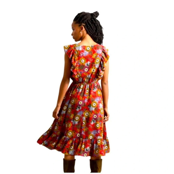 Molly Bracken red floral midi dress with ruffle sleeve size small - Picture 8 of 16